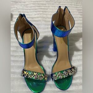 Mata Elegant Blue and Green Embellished Heels